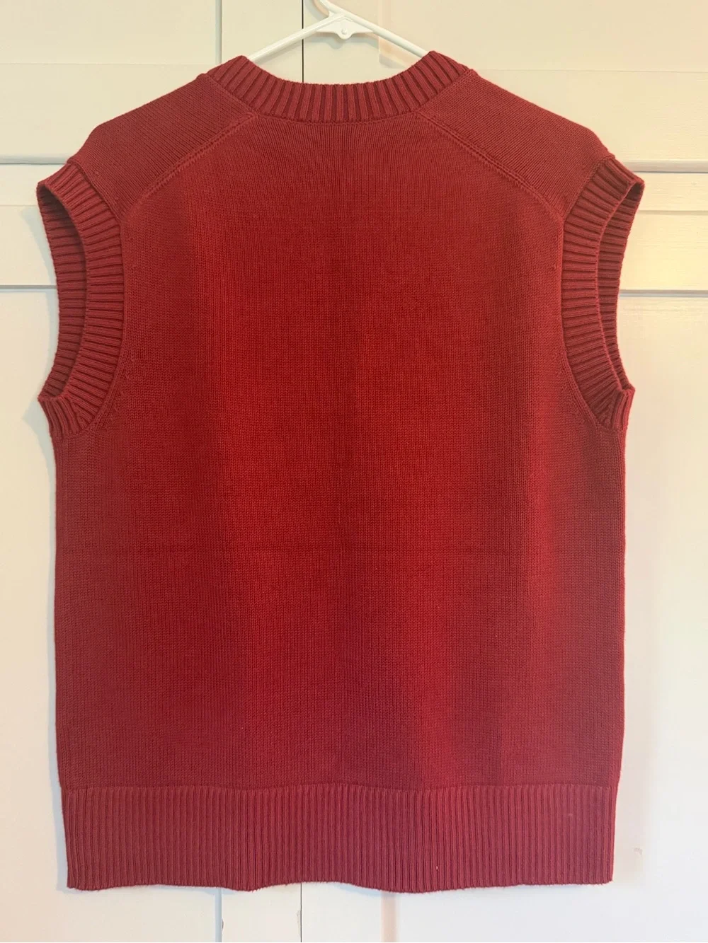 Everlane V-Neck Sleeveless Sweater Vest in Deep Brick Red